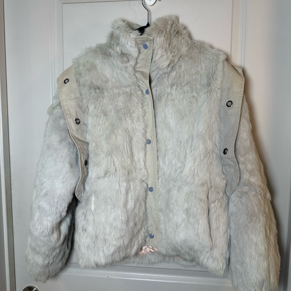 American Vintage Made in Hong Kong Genuine Rabbit Fur & Canvas Bomber Coat, M/L